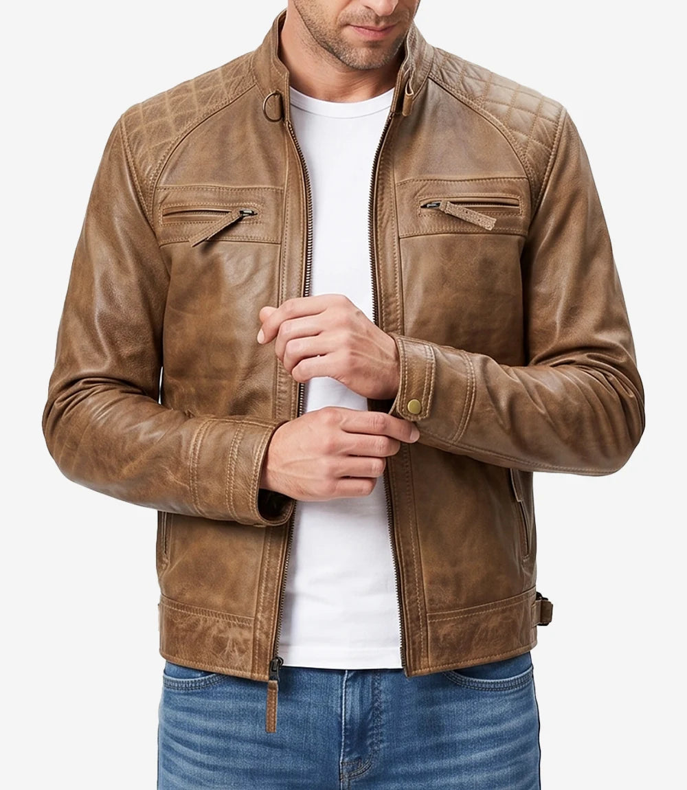 Men's Quilted Shoulder Camel Brown Biker Style Leather Jacket